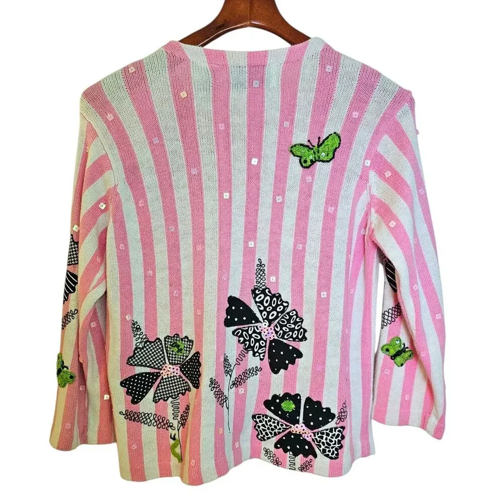 Vintage Design Options Pink & White Striped Knit Button Up Cardigan Sweater